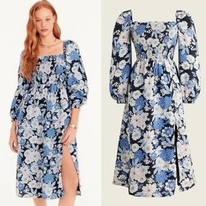 J. Crew Blue Floral Linen Midi Smocked Puff Sleeve Dress, M
